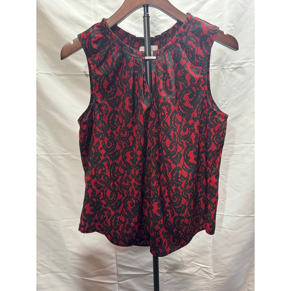 New York and Co Womens L Sleeveless Top Red Black Lace Print Dark Academia